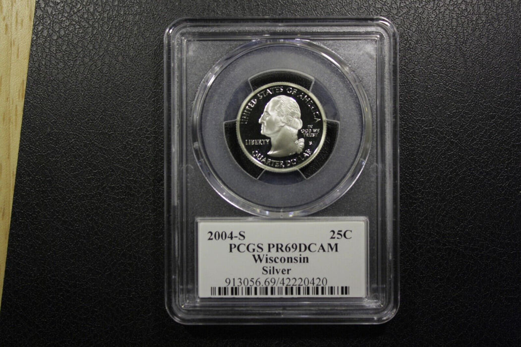 2004-S 25C State Quarter Wisconsin PCGS PR69 DCAM 90% Silver State Flag Label