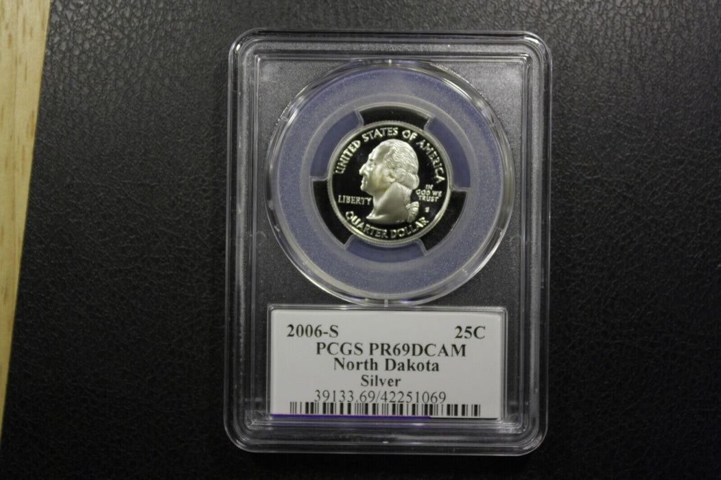 2006-S 25C State Quarter North Dakota PCGS PR69 DCAM 90% Silver State Flag Label