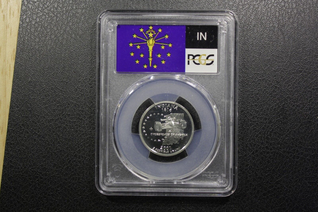 2002-S 25C State Quarter Indiana PCGS PR69 DCAM 90% Silver State Flag Label