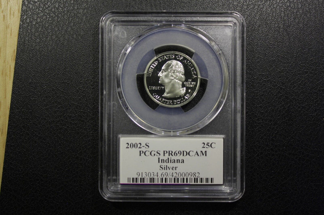 2002-S 25C State Quarter Indiana PCGS PR69 DCAM 90% Silver State Flag Label