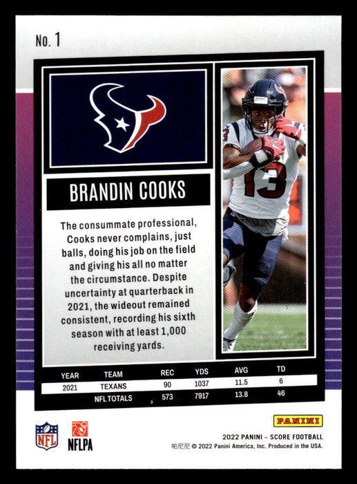 2022 Panini Score Football Brandin Cooks # 1 Base Houston Texans