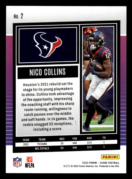 2022 Panini Score Football Nico Collins # 2 Base Houston Texans