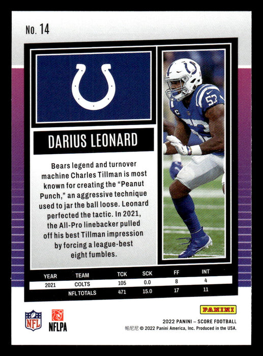 2022 Panini Score Football Darius Leonard # 14 Base Indianapolis Colts