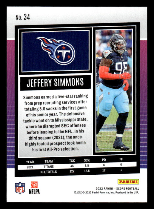 2022 Panini Score Football Jeffery Simmons # 34 Base Tennessee Titans