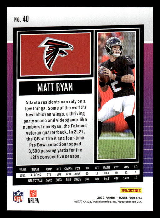 2022 Panini Score Football Matt Ryan # 40 Base Atlanta Falcons