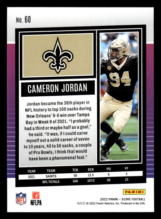 2022 Panini Score Football Cameron Jordan # 60 Base New Orleans Saints