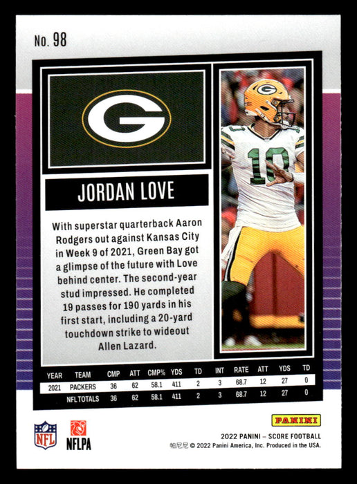 2022 Panini Score Football Jordan Love # 98 Base Green Bay Packers