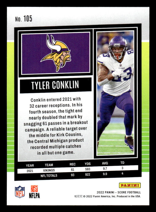 2022 Panini Score Football Tyler Conklin # 105 Base Minnesota Vikings