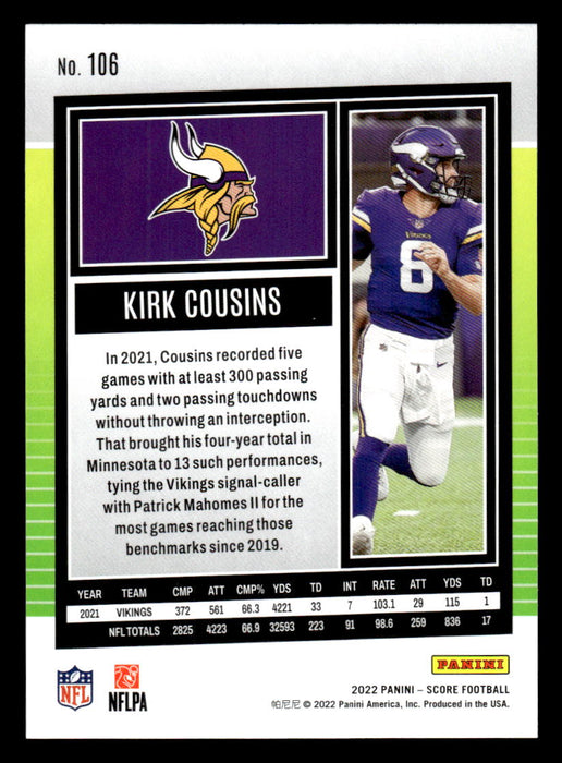 2022 Panini Score Football Kirk Cousins # 106 Base Minnesota Vikings