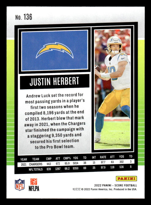 2022 Panini Score Football Justin Herbert # 136 Base Los Angeles Chargers