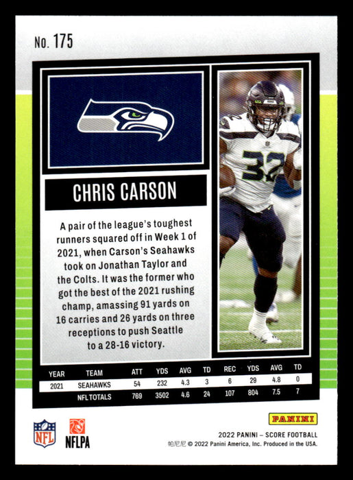 2022 Panini Score Football Chris Carson # 175 Base Seattle Seahawks