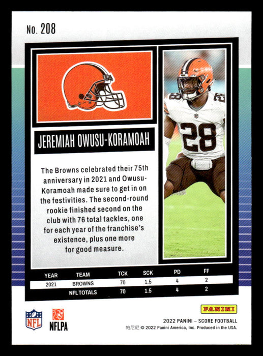 2022 Panini Score Football Jeremiah Owusu-Koramoah # 208 Base Cleveland Browns