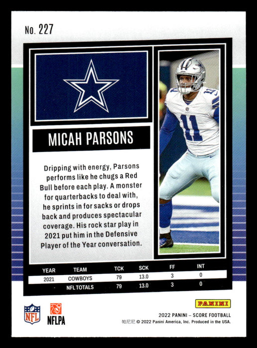 2022 Panini Score Football Micah Parsons # 227 Base Dallas Cowboys