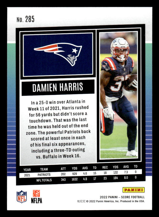 2022 Panini Score Football Damien Harris # 285 Base New England Patriots