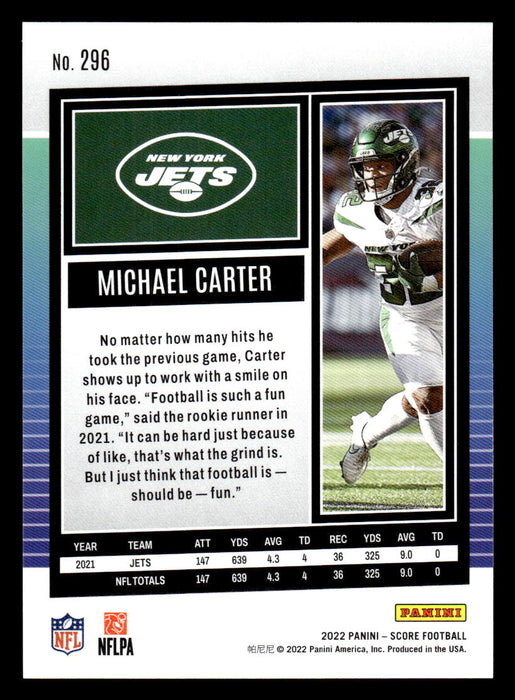 2022 Panini Score Football Michael Carter # 296 Base New York Jets