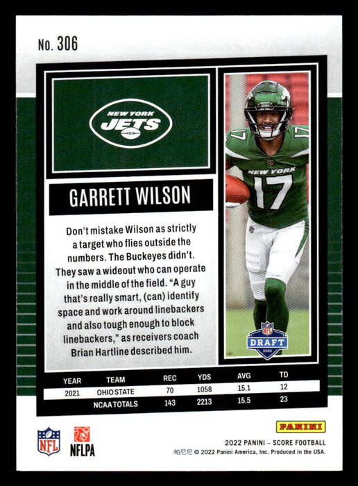 2022 Panini Score Football Garrett Wilson # 306 RC Base New York Jets