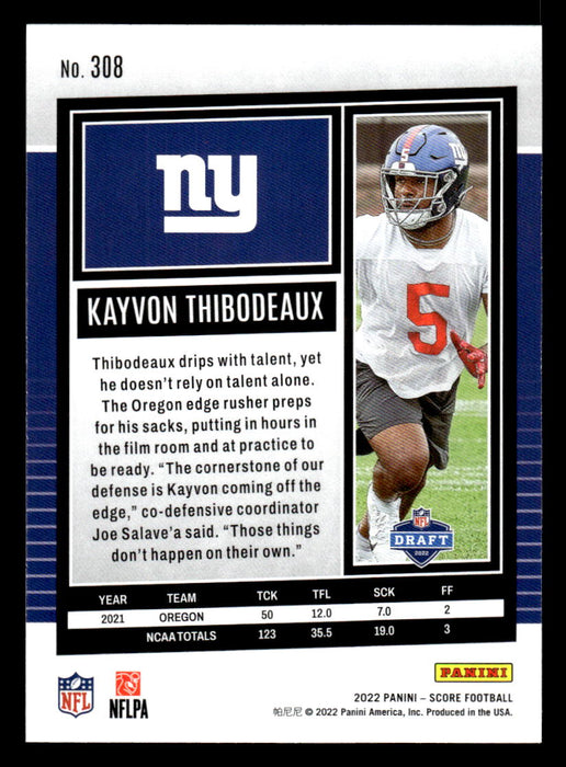 2022 Panini Score Football Kayvon Thibodeaux # 308 RC Base New York Giants