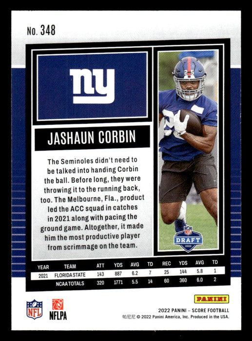 2022 Panini Score Football Jashaun Corbin # 348 RC Base New York