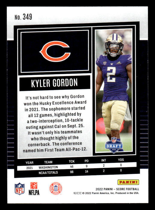 2022 Panini Score Football Kyler Gordon # 349 RC Base Chicago Bears