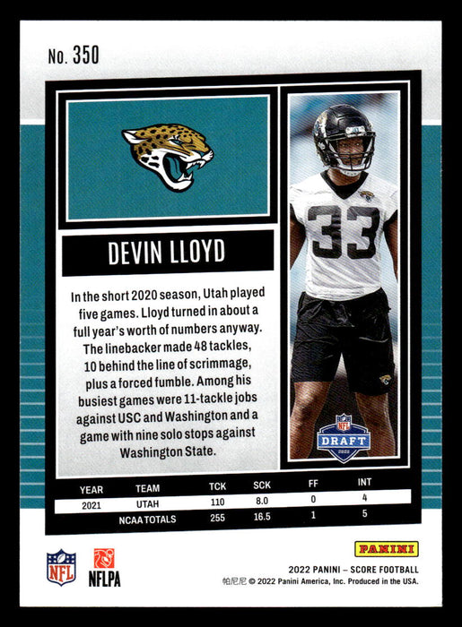 2022 Panini Score Football Devin Lloyd # 350 RC Base Jacksonville Jaguars