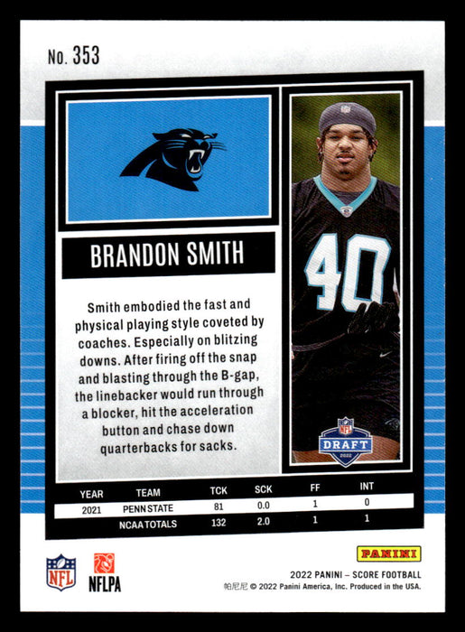 2022 Panini Score Football Brandon Smith (LB) # 353 RC Base Carolina Panthers