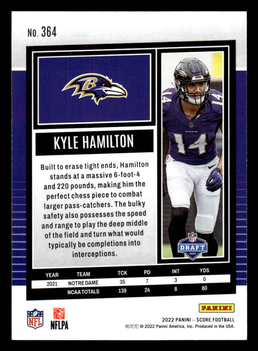 2022 Panini Score Football Kyle Hamilton # 364 RC Base Baltimore Ravens