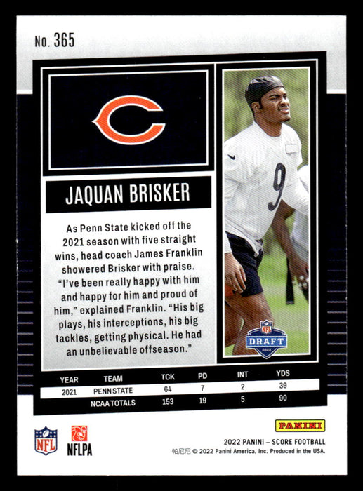 2022 Panini Score Football Jaquan Brisker # 365 RC Base Chicago Bears