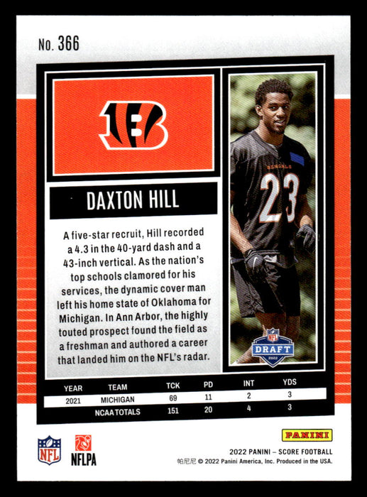 2022 Panini Score Football Daxton Hill # 366 RC Base Cincinnati Bengals