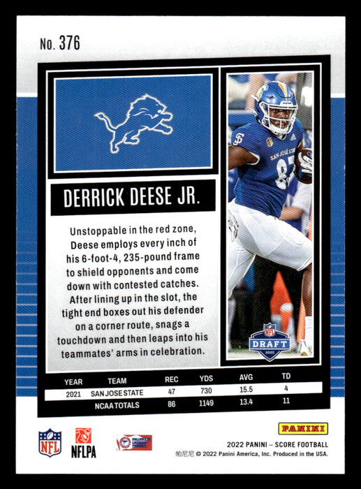 2022 Panini Score Football Derrick Deese Jr. # 376 RC Base Detroit Lions