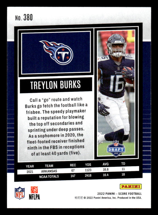 : 2022 SCORE #380 TREYLON BURKS RC TENNESSEE TITANS FOOTBALL  OFFICIAL TRADING CARD OF NFL : Collectibles & Fine Art