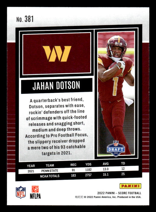 2022 Panini Score Football Jahan Dotson # 381 RC Base Washington Commanders