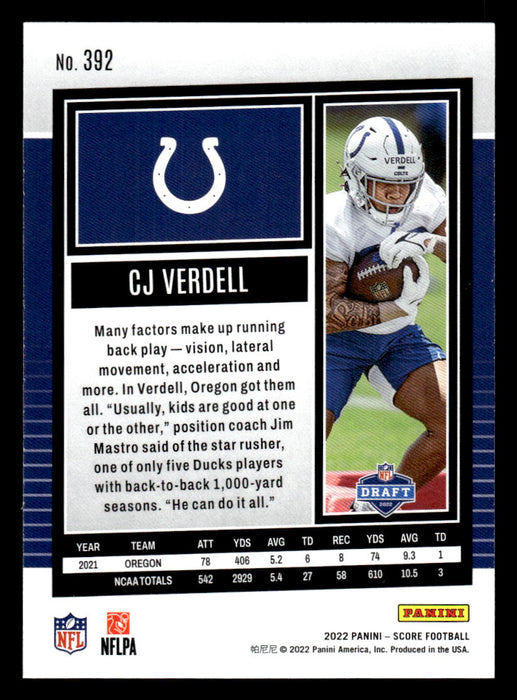 2022 Panini Score Football CJ Verdell # 392 RC Base Indianapolis Colts