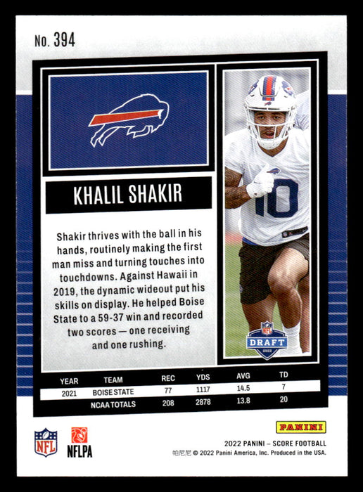 2022 Panini Score Football Khalil Shakir # 394 RC Base Buffalo Bills