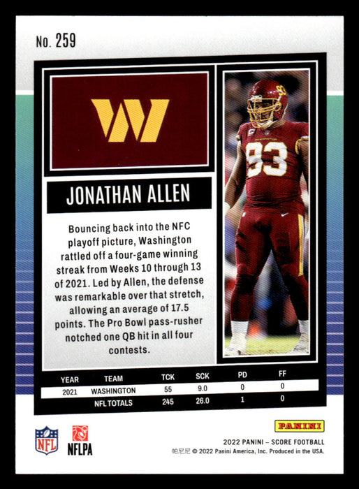 2022 Panini Score Football Jonathan Allen # 259 Gold Washington Commanders