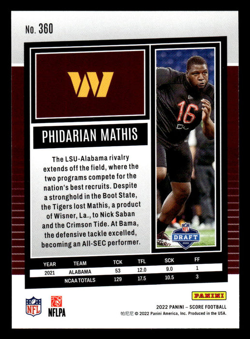 2022 Panini Score Football Phidarian Mathis # 360 RC Gold Washington Commanders