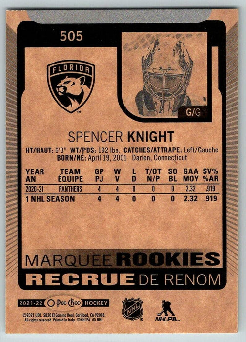 2021-22 O-Pee-Chee #505 Spencer Knight RC Florida Panthers