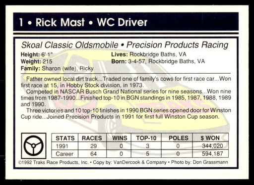 Rick Mast 1992 Traks Base Back of Card