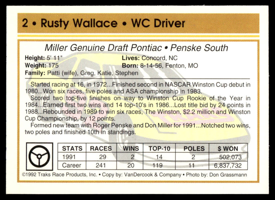 Rusty Wallace 1992 Traks Base Back of Card