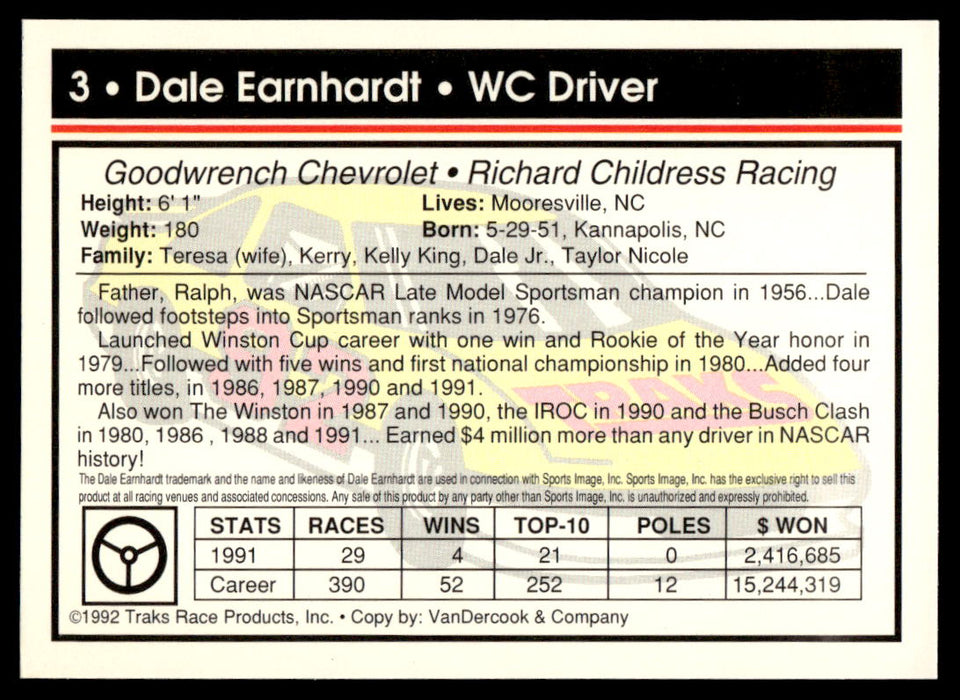 Dale Earnhardt 1992 Traks Base Back of Card