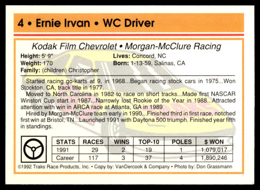 Ernie Irvan 1992 Traks Base Back of Card