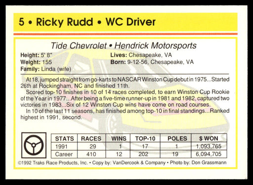 Ricky Rudd 1992 Traks Base Back of Card