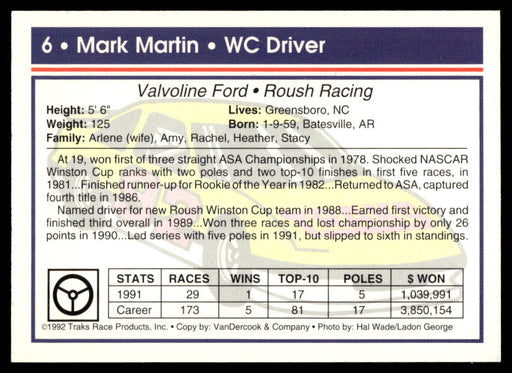 Mark Martin 1992 Traks Base Back of Card