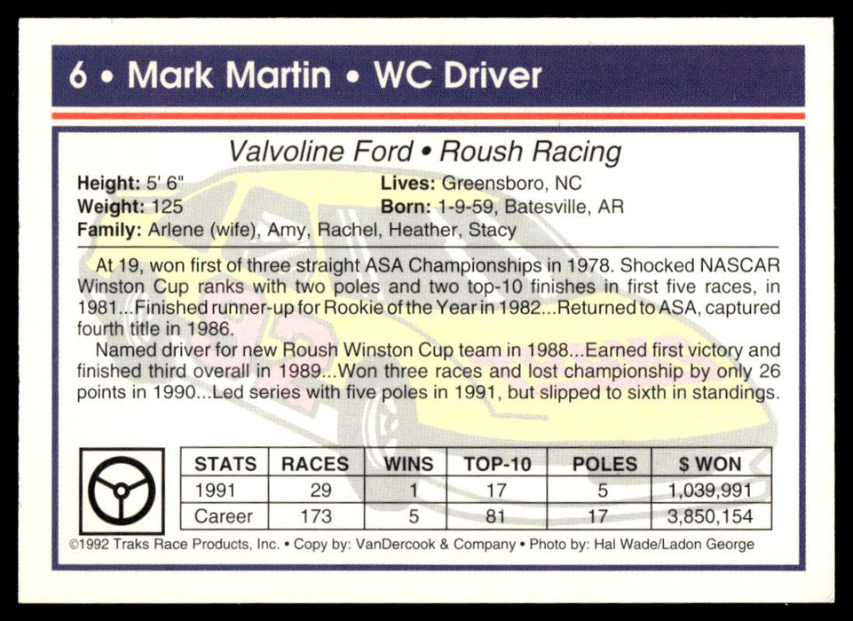 Mark Martin 1992 Traks Base Back of Card