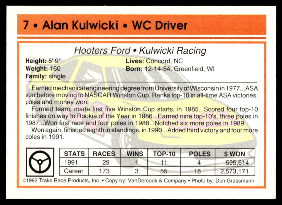 Alan Kulwicki 1992 Traks Base Back of Card