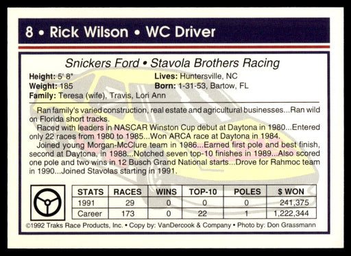 Rick Wilson 1992 Traks Base Back of Card