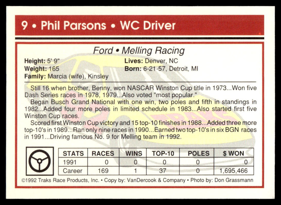 Phil Parsons 1992 Traks Base Back of Card