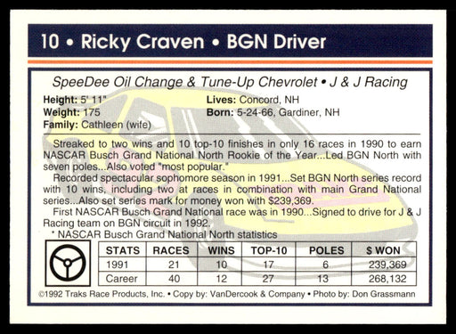 Ricky Craven 1992 Traks Base Back of Card