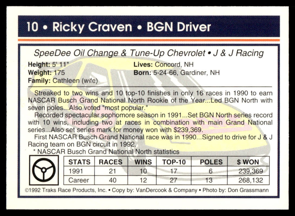 Ricky Craven 1992 Traks Base Back of Card