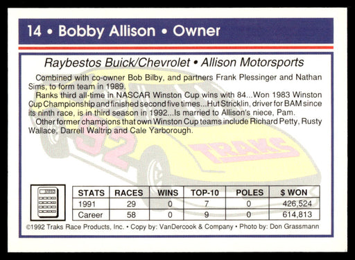 Bobby Allison 1992 Traks Base Back of Card