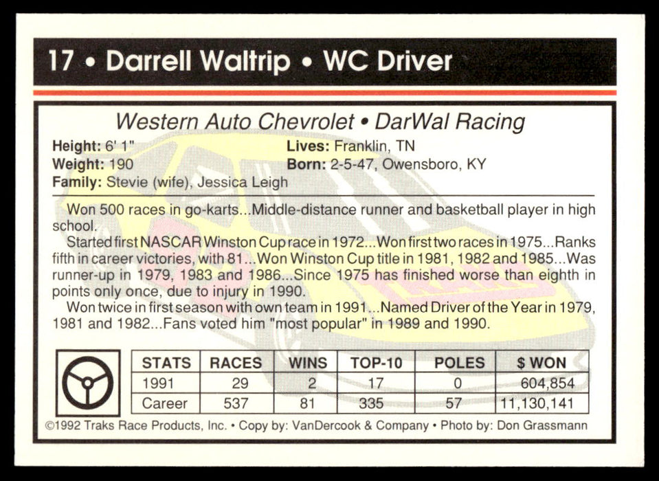 Darrell Waltrip 1992 Traks Base Back of Card